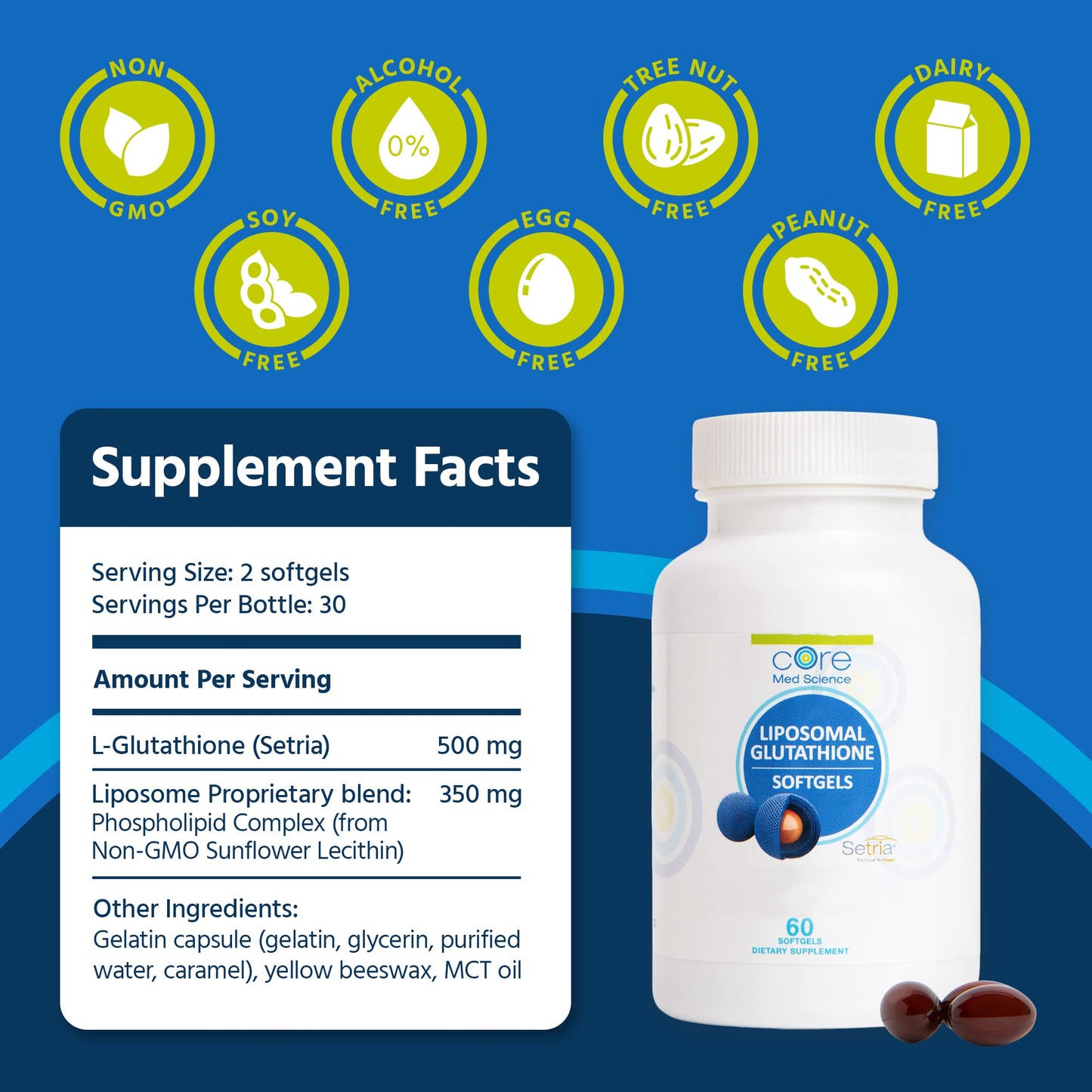 Core Med Science Liposomal Glutathione Supplement - (500mg, 60 Softgels) - High-Absorption Glutathione for Antioxidant & Liver Detox Support with Pure Reduced Setria - Daily Use for Immune Function