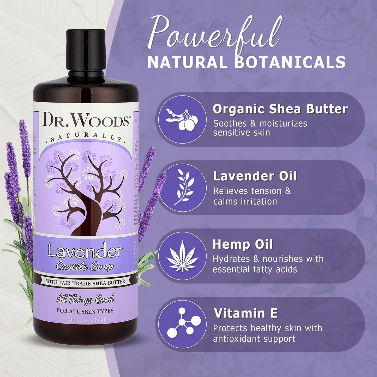 Dr. Woods Lavender Liquid Castile Soap - Castile Soap with Pure Lavender Oil, Body Wash for Men and Women, Organic Shea Butter, Natural Cleaner for Face, Hands, and Body - 32 Fl Oz, Pack of 2