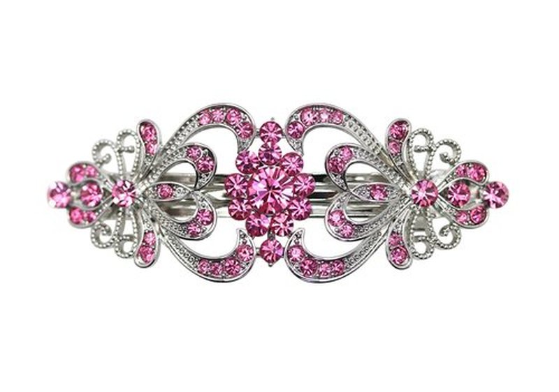 Faship Gorgeous Pink Crystal Hearts And Floral Hair Barrette