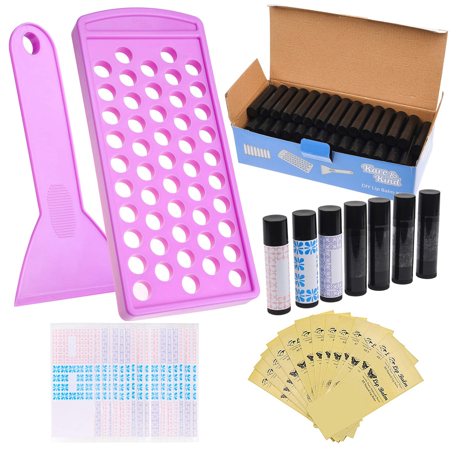 Kare & Kind Lip Ba lm Filling Tray Kit - 1x Filling Tray, 1x Spatula, 50x Lip Balm Tubes (Black), 50x Writable Sticker (3 colors), 50 Printed Stickers (Transparent) - DIY Homemade Lip Balm