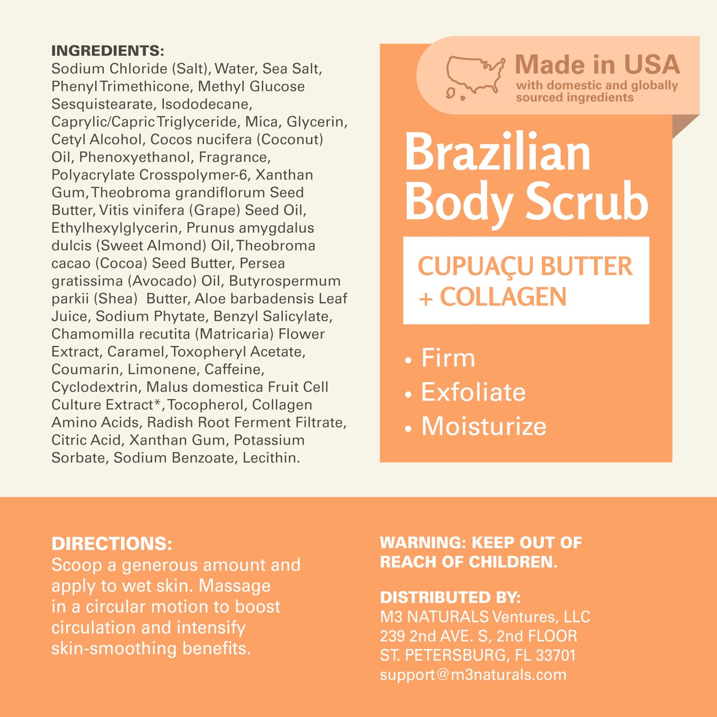 Firming & Moisturizing Brazilian Body Scrub for Body, Hands & Feet, Gentle Body Exfoliator with Cupuacu Butter, Jojoba Oil & Collagen, 16 oz (453 g) by M3