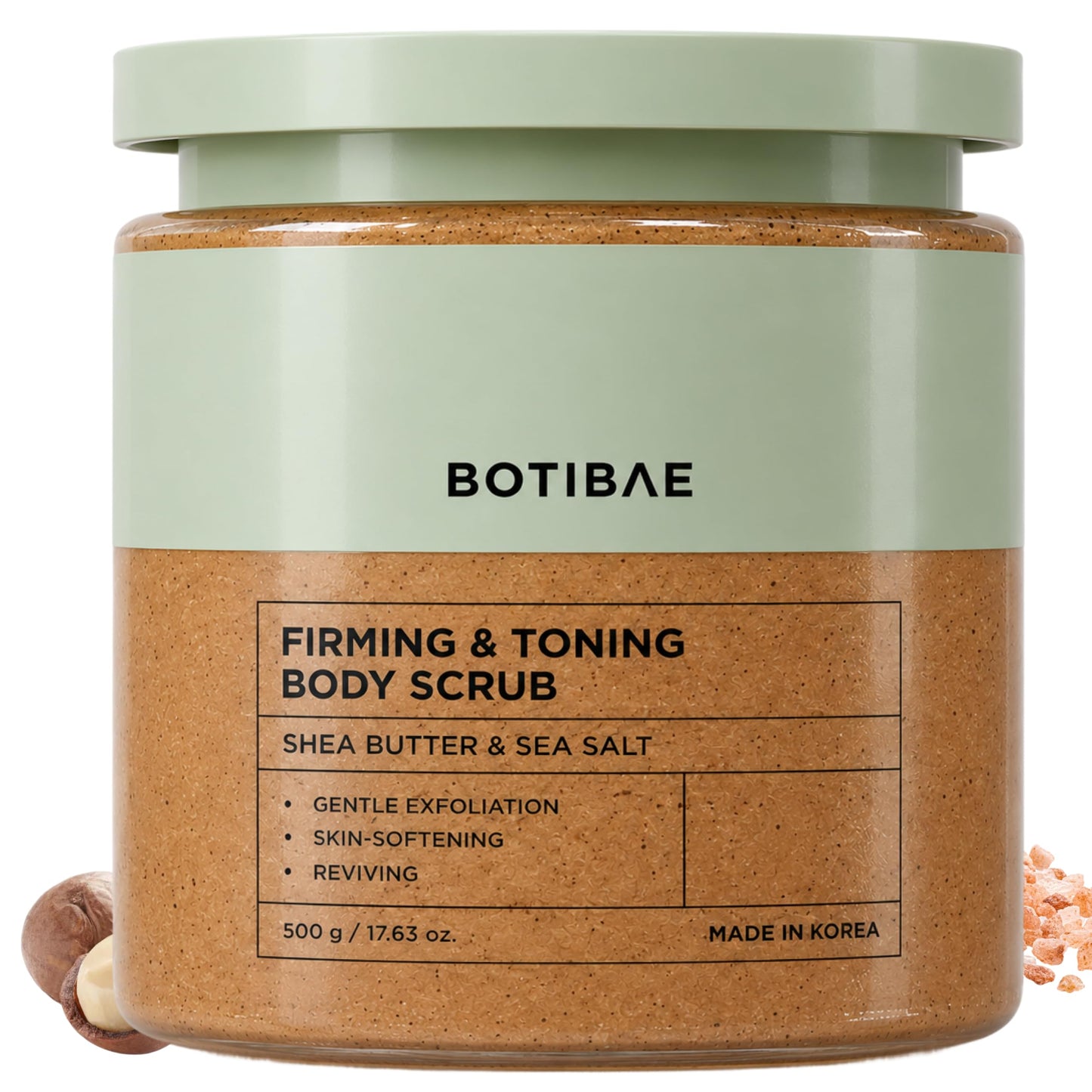 Botibae Shea Butter & Sea Salt Body Scrub – Dermatologist Tested, Korean Skin Care – Gentle Exfoliation, Removes Dead Dry Skin for Smooth And Hydrated Feel – Vegan, Clean Beauty – 17 Fl Oz
