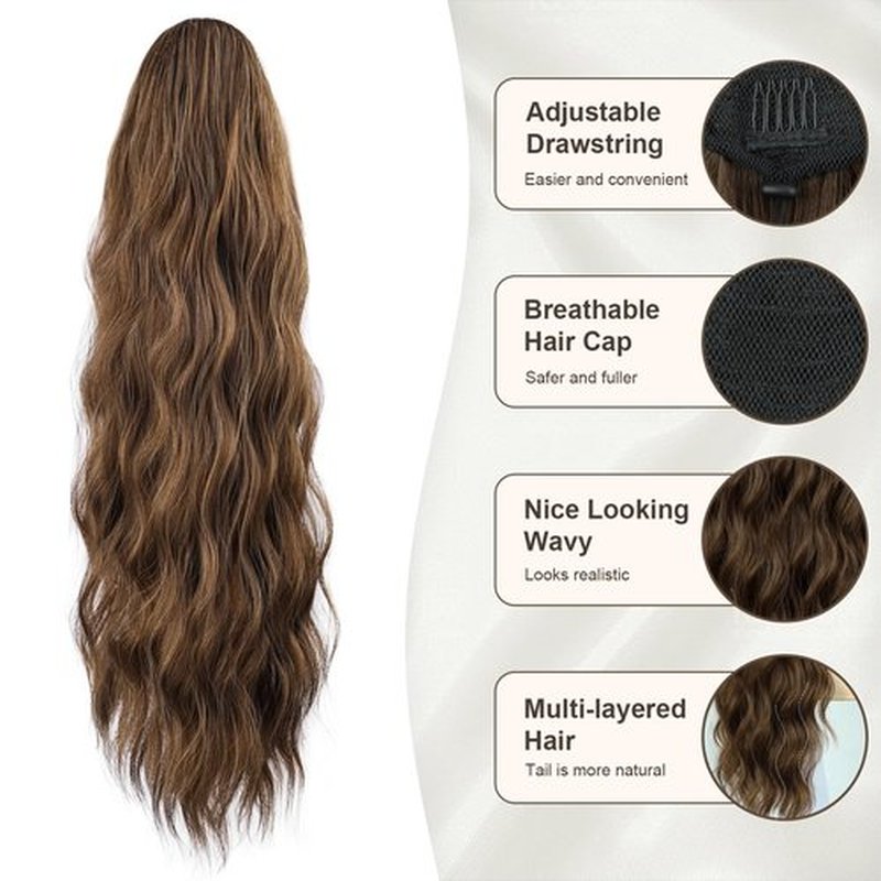 FREEMEIGE Women's 26 Inch Long Wavy Synthetic Ponytail Extension, Medium Brown Mix Natural Blonde