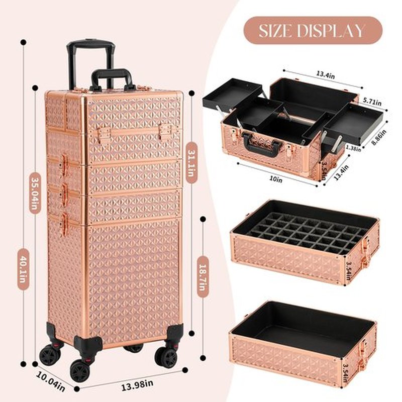 Leeora&Leekoo Portable Multi-Storey Nail Case for Nail Tech Organizer - Wheels Makeup Case Organizer, Cosmetic Case, Makeup Train Case, Make Up Case (Rose Gold)