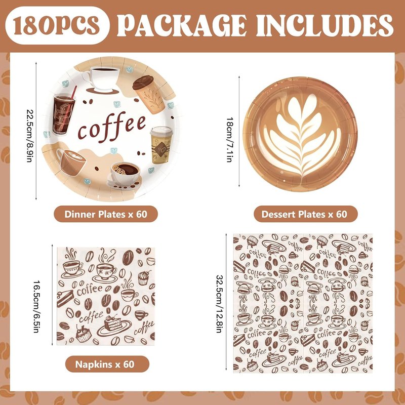 Coffee Party Supplies Set - 180 Pcs Paper Plates & Napkins for 60 Guests | Fun Theme for Baby Showers & Birthdays