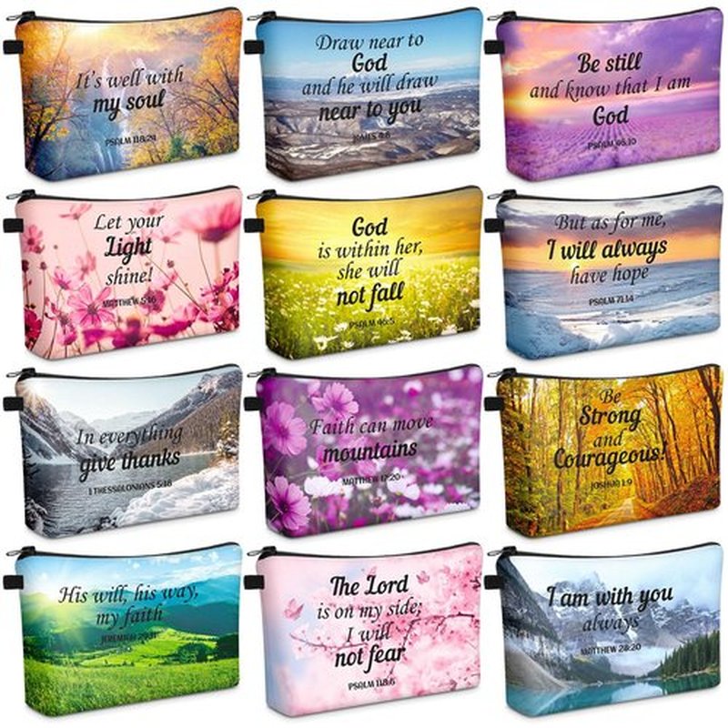 Chunful 12 Pcs Inspirational Christian Bags Bulk for Women Bible Verse Cosmetic Bag Pencil Pouch Gift Zippered Flower Organizer for Student Office Journaling Supplies, 7.48 x 4.72 Inch(Landscape)
