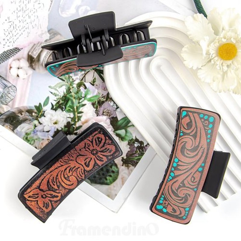 4 Pcs Western Hair Clips for Women, Yellow Chrysanthemum, Cow Print, Square Claw Clips, Vintage Print Western Claw Clips, Country Stuff Headdress Gifts for Women Girls (D)