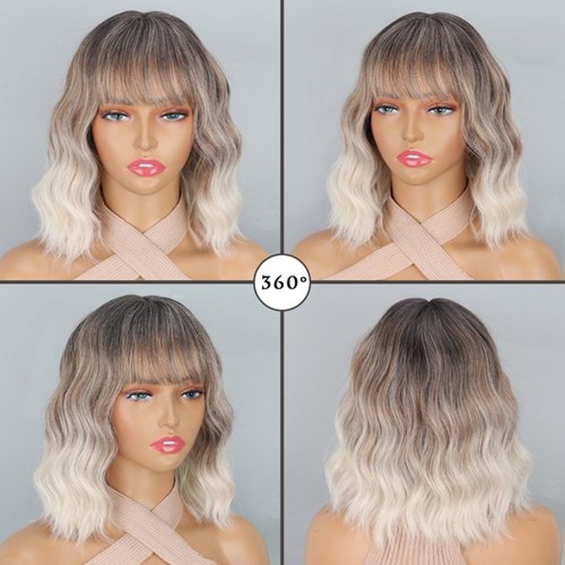 LINGHANG Ombre Blonde Wigs for Women Short Wavy Wig with Bangs Ash Blonde Bob Wig with Dark Roots Medium Length Natural Synthetic Hair for Daily Party,Cosplay