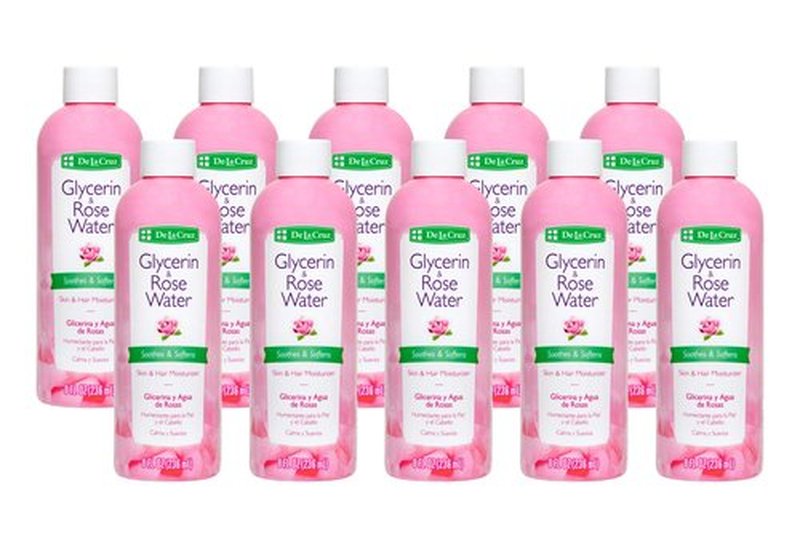 De La Cruz Rose Water and Glycerin for Face - Rosewater Facial Toner and Moisturizer for Skin and Hair 8 fl oz (236 mL) - 10 Bottles