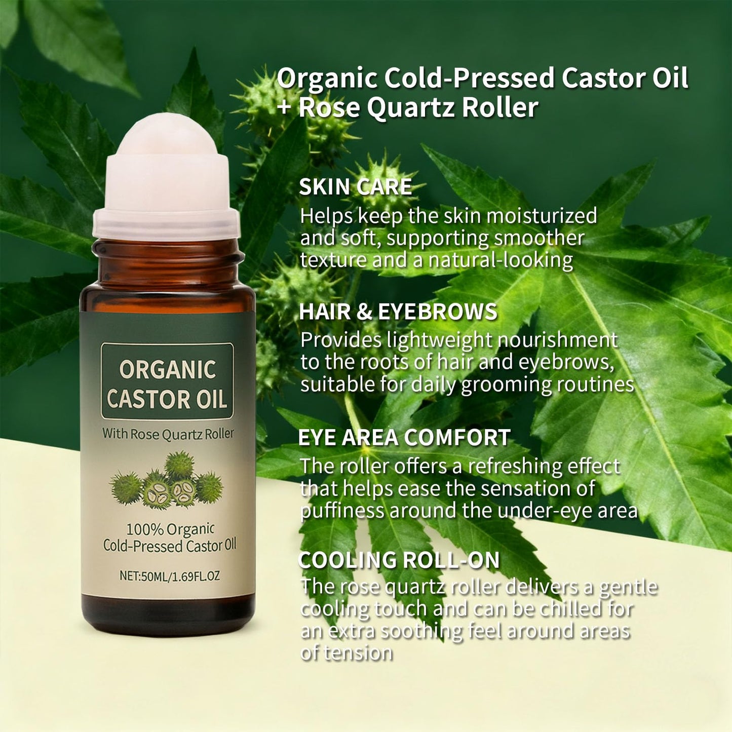 Maidlure Organic Castor Oil Roll-on with Rose Quartz, 100% Cold-Pressed Organic Castor Oil Glass Bottles Roller for Skin, Brows & Lashes 1.7oz (1)