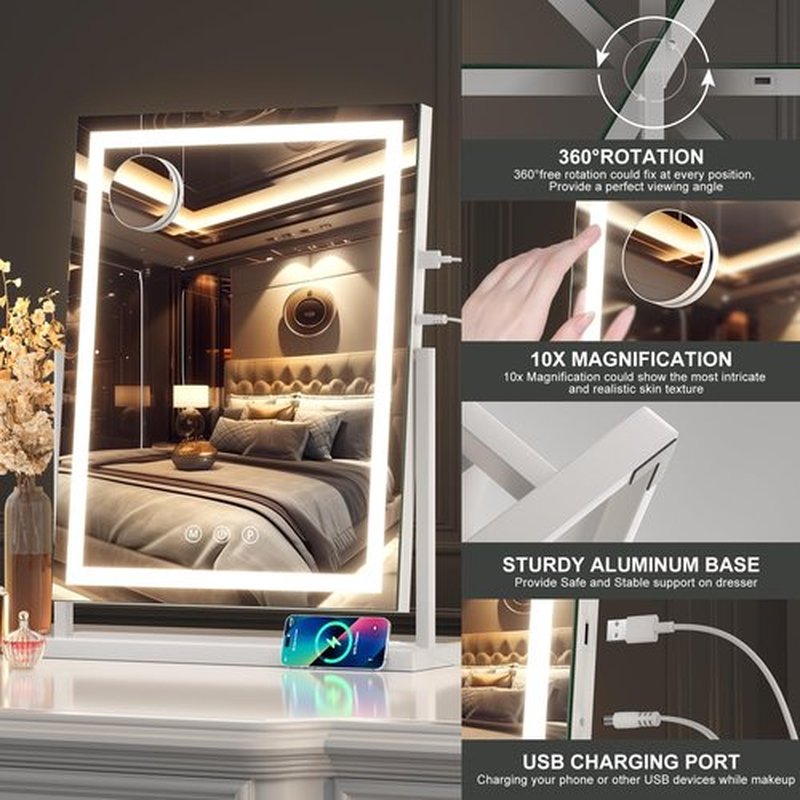 Hasipu Vanity Mirror with Lights, Lighted Makeup Mirror with 10X Magnification, Dimmable 3 Modes, Touch Screen Control, Led Make Up Mirror 20x15 Inch