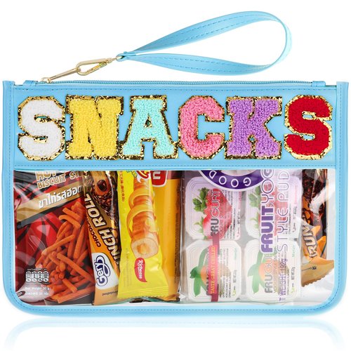 Snack Bag for Travel - Clear Chenille Varsity Letter Flat Pouch with Zipper, Waterproof Clear PVC&PU Preppy Patch Makeup Cosmetic tote Bags for Women Girls (Blue-Snacks)