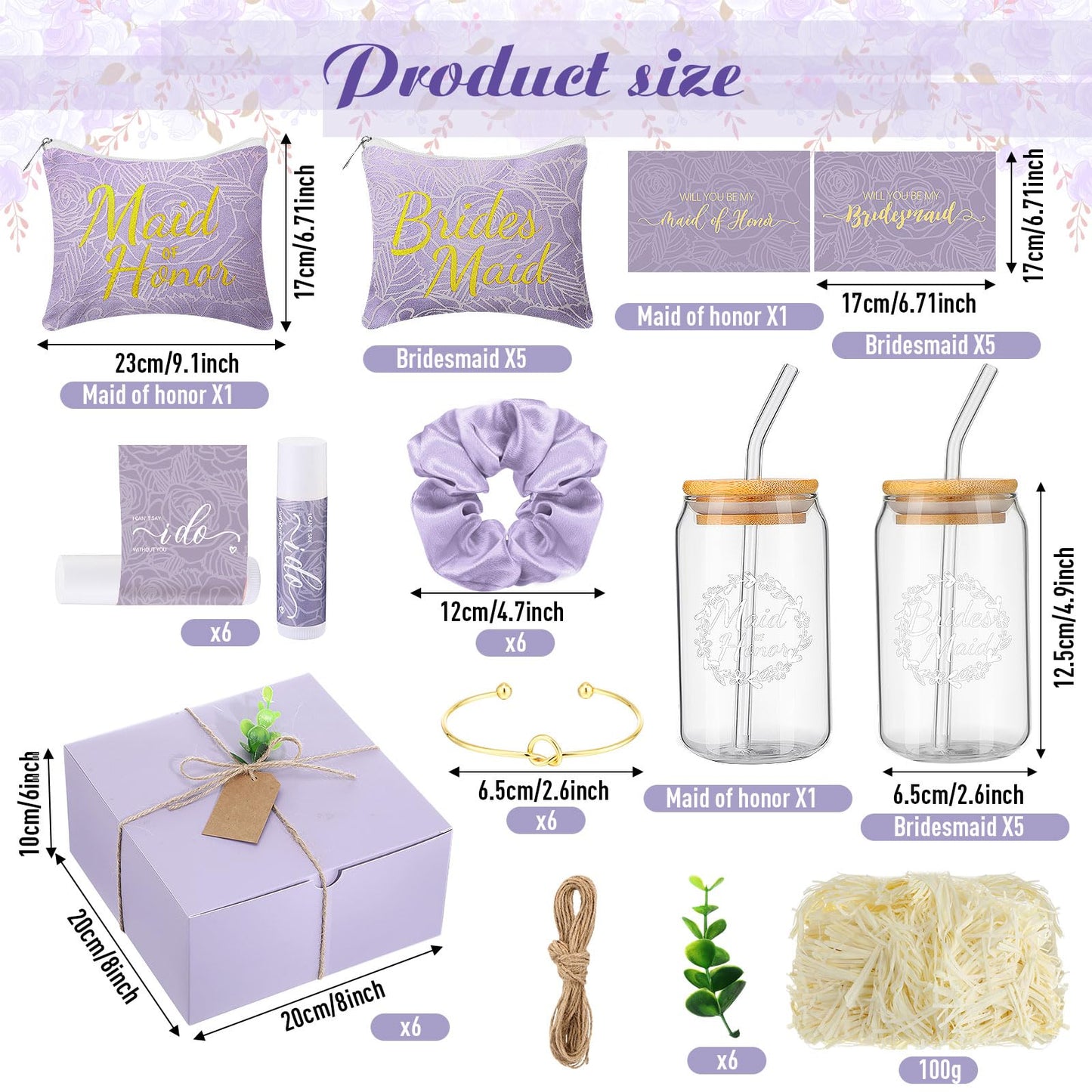 FillTouch 54 Pcs Bridesmaid Proposal Gifts, Will You Be My Bridesmaid, Maid of Honor Bride Gifts Include Gift Box Makeup Bag Invited Card Glass Cup Lip Balm Scrunchie Knotted Bracelet(Purple)