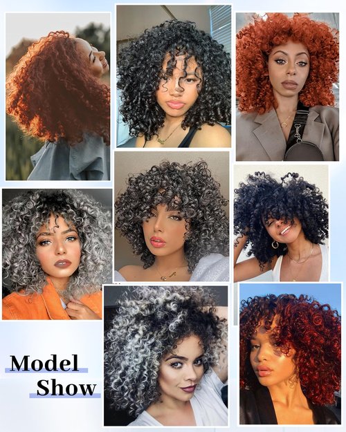 Marshey Afro Curly Wigs with Bangs for Black Women Kinky Curly Synthetic Hair Heat Resistant 12 Inch Short Ginger Wig for Daily Party (Ombre Brown)