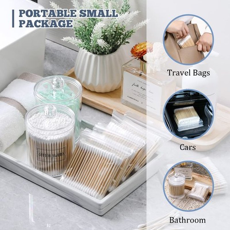 1600 Count Cotton Swabs plus 2 Clear Dispenser Holder - Eco-Friendly, Biodegradable Original Natural Cotton Buds for Ears, Hygiene, Beauty Care - Double Round Tips & Thick Cotton & Sturdy Bamboo Stick