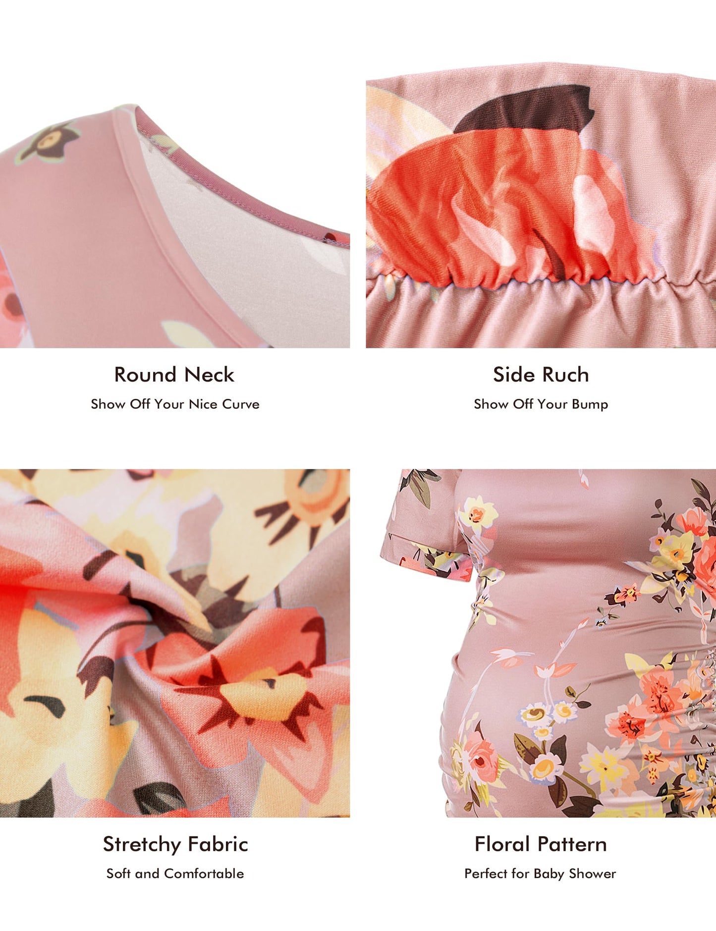 MUSIDORA Solid Color & Floral Side Ruch Maternity Dress/Short Sleeve Bodycon Dress Baby Shower Daily Wear