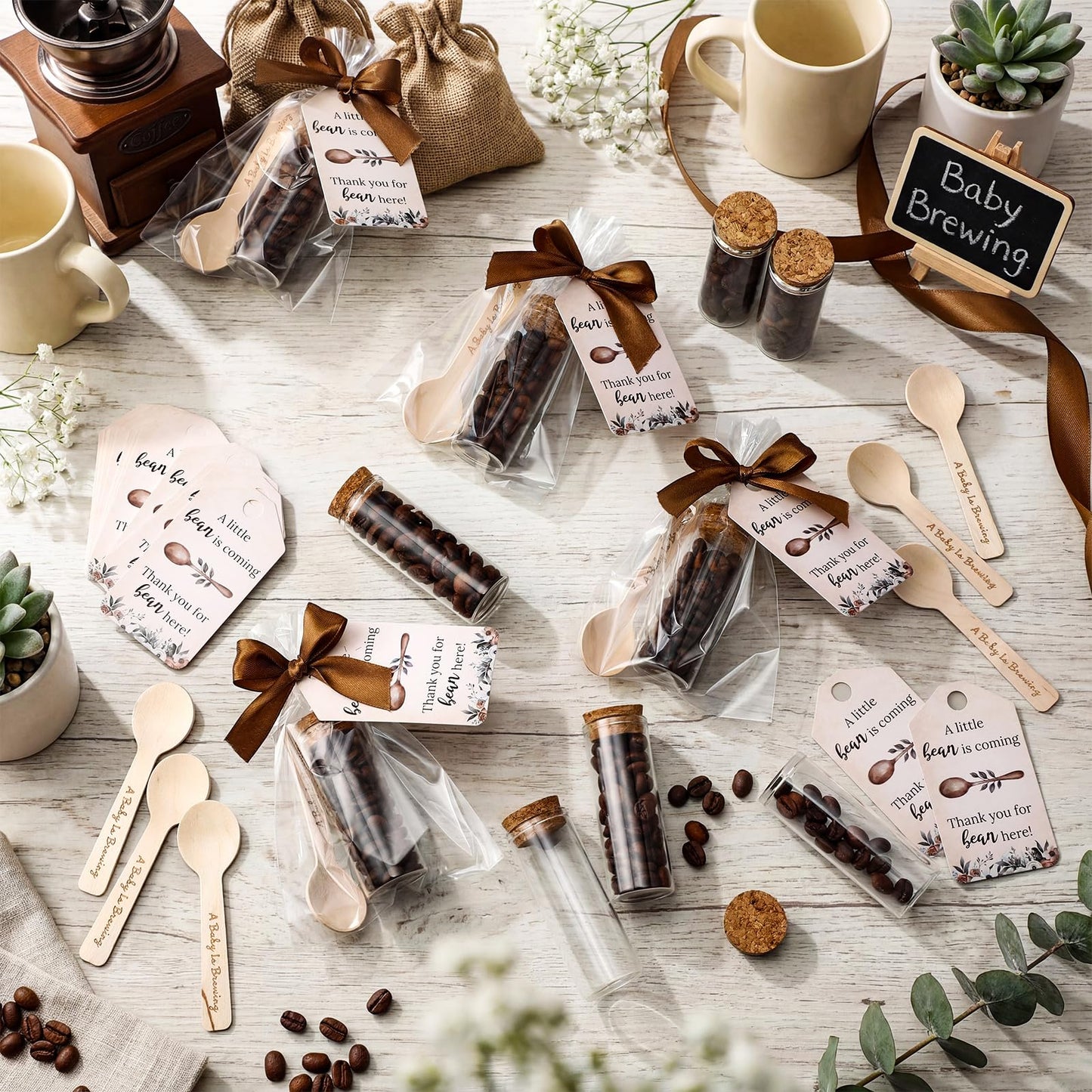 Gandeer 30 Set Coffee Baby Shower Favors for Guest A Baby Is Brewing Wooden Spoon Mini Coffee Glass Jar Thank You Card Brown Ribbon and Bags for Gender Reveal Party Guest Souvenirs