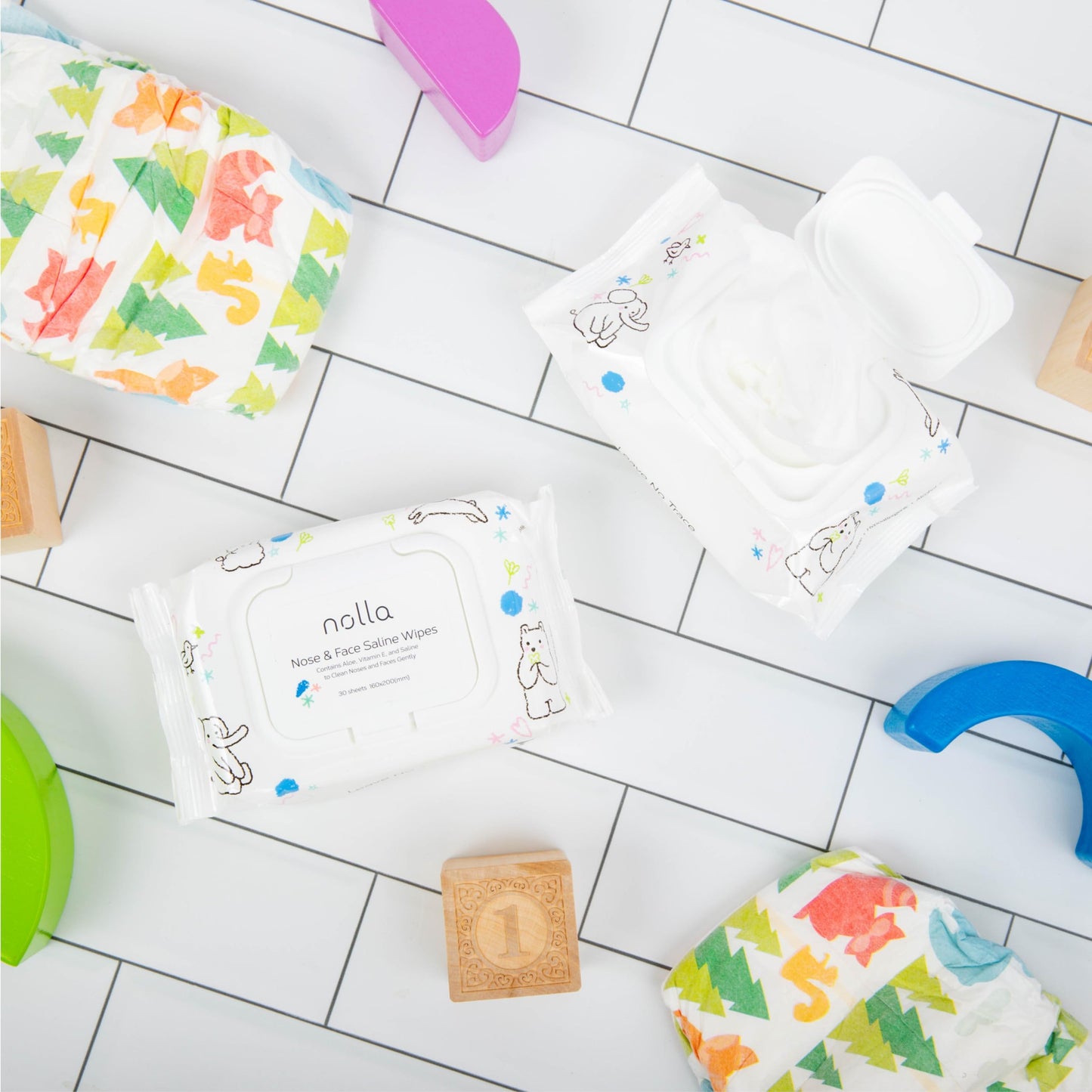 Nolla Nose and Face Wipes for Babies & Kids with Saline, Vitamin E, & Aloe | Unscented | Compostable, 90 Count (3 Packs of 30)
