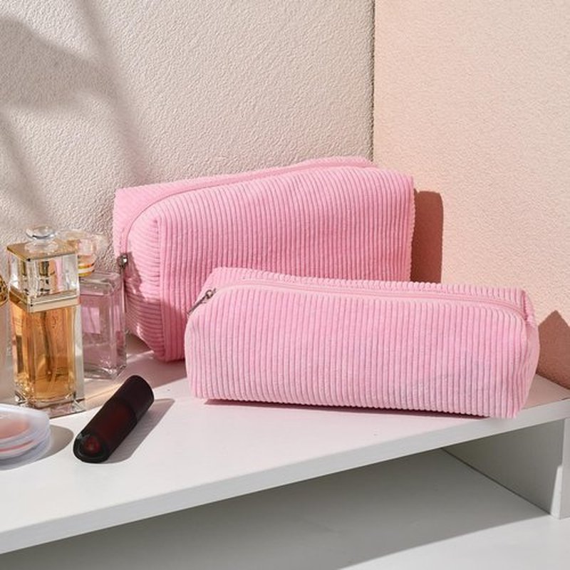 SOIDRAM Makeup Bag Corduroy Cosmetic Bag Cute Pink Makeup Pouch 1Pcs Large Capacity Makeup Bags and 1Pcs Makeup Brushes Storage Bag Travel Toiletry Bag Organizer