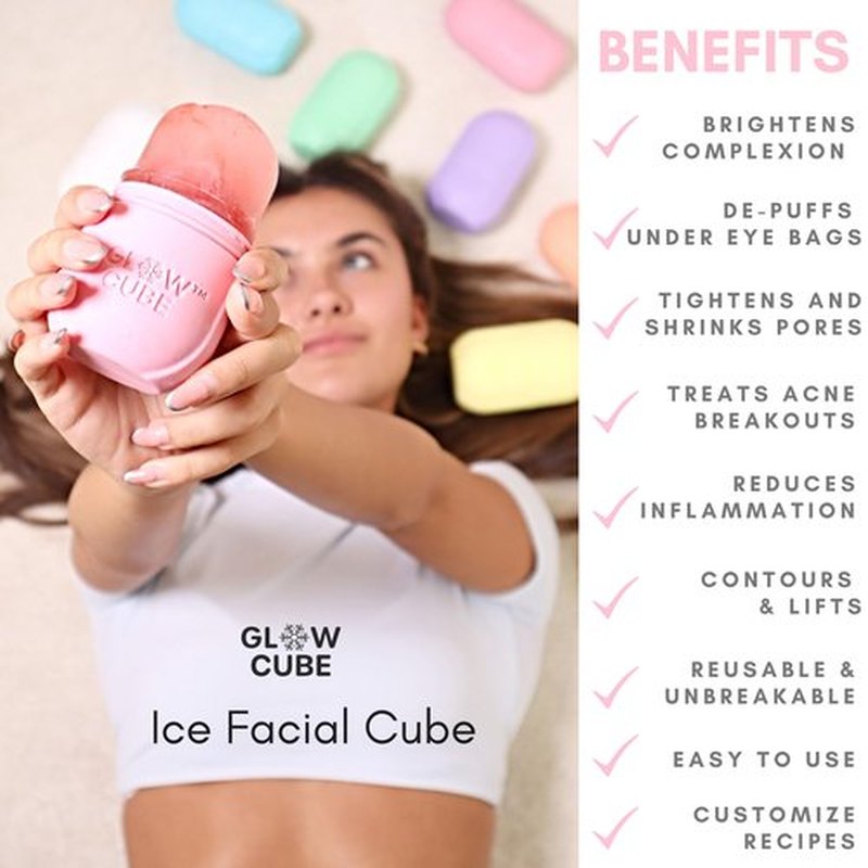 Glow Cube Ice Roller For Face Eyes and Neck To Brighten Skin & Enhance Your Natural Glow/Reusable Facial Tool to Tighten & Tone Skin & De-Puff The Eye Area (Pastel Blue)