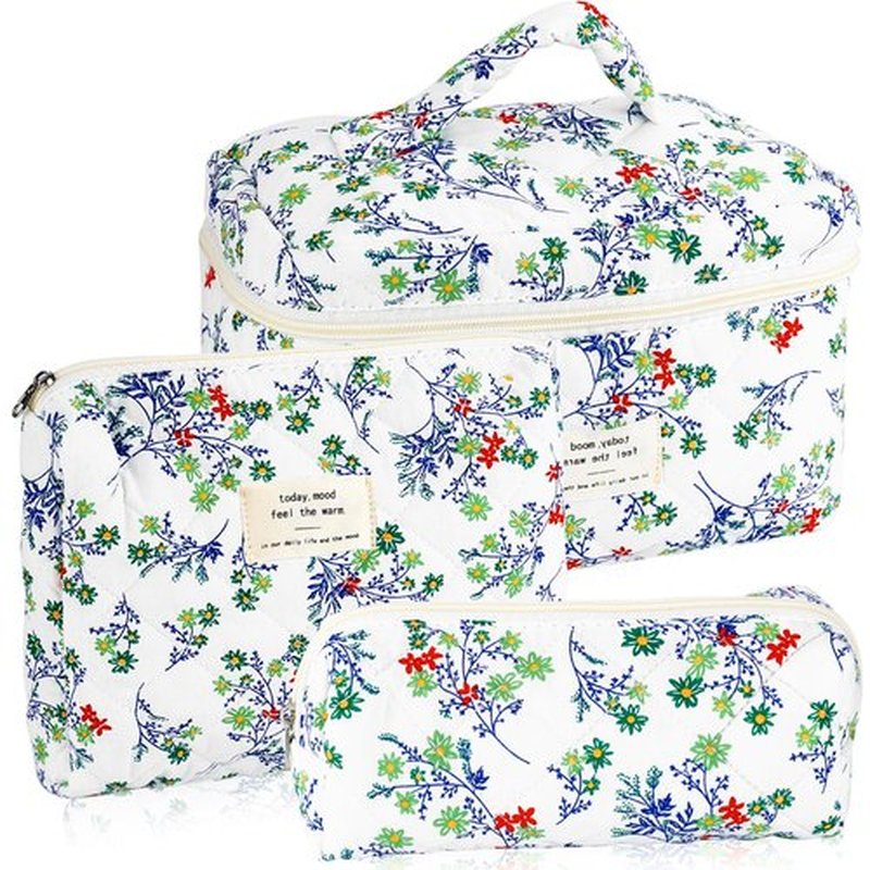 URSKYTOUS 3Pcs Cotton Quilted Makeup Bag for Women Girls Large Small Travel Floral Cosmetic Bags Set Cute Coquette Zipper Makeup Pouch for Purse Aesthetic Cloth Flower Storage Toiletry Bag Organizer