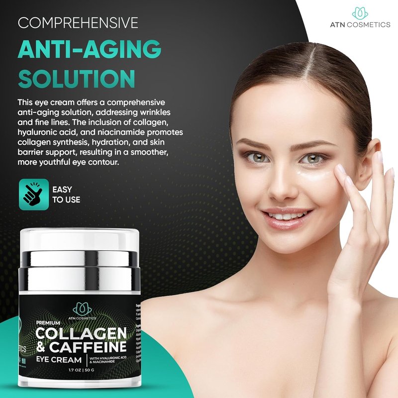 Caffeine Eye Cream - Collagen Formula for Wrinkles & Dark Circles | Infused with Hyaluronic Acid & Niacinamide, 1.7 Oz