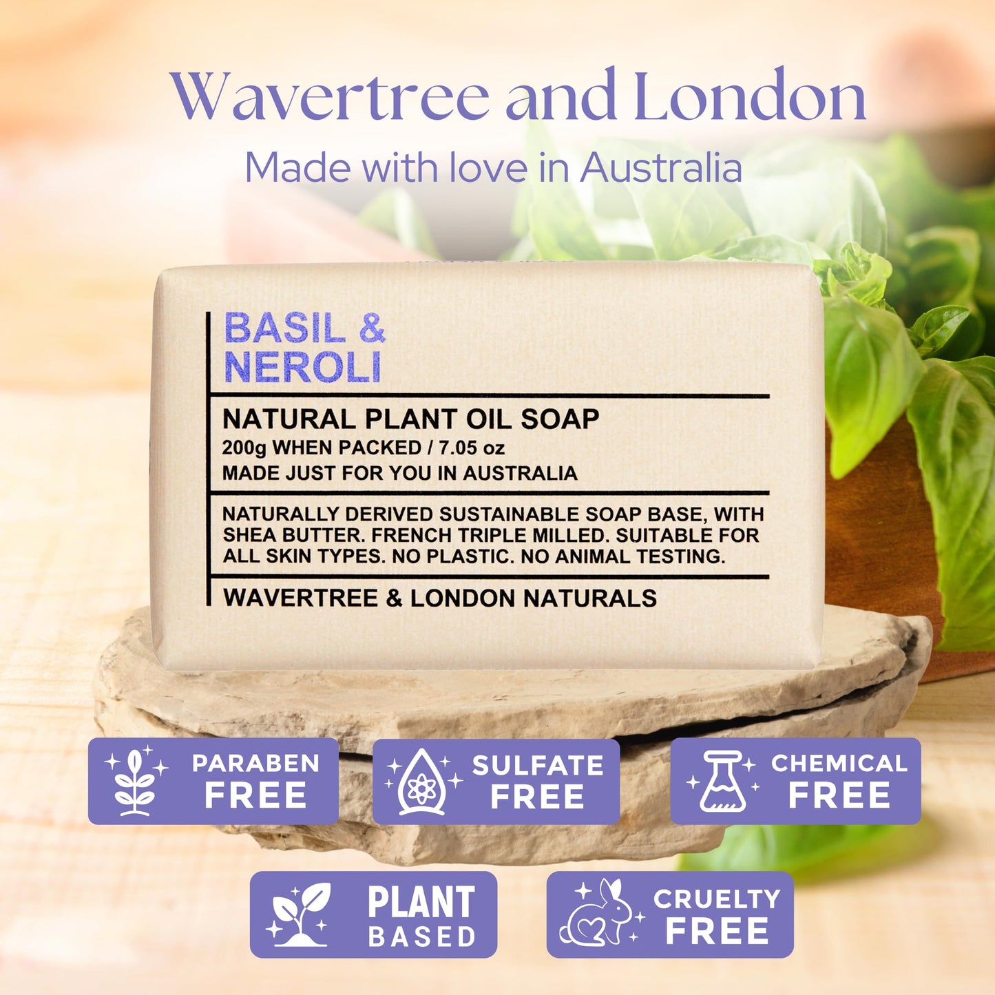 Wavertree & London Basil & Neroli Scented 100% Natural Soap Bar, 7oz Moisturizing French Triple Milled Soap Bar for Women & Men Enriched with Shea Butter, Pure Bath & Body Soap (1 Bar)