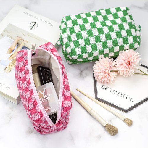 PAZIMIIK Checkered Makeup Bag for Purse Portable Zipper Make Up Pouch Small Cosmetic Case for Travel Accessories (2PCS Hotpink)