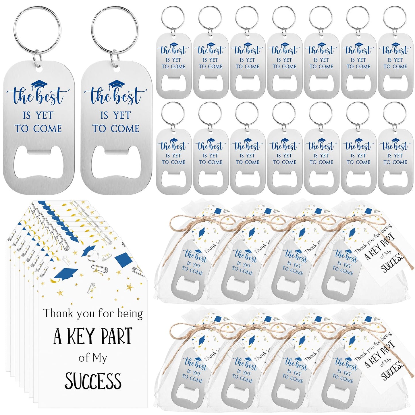 Vesici 30 Sets 2026 Graduation Party Favors for Guests Beer Bottle Opener Keychains Bulk Class of 2026 The Best is Yet to Come Keychains with Thank You Cards Organza Bags Ceremony Gifts (Blue)