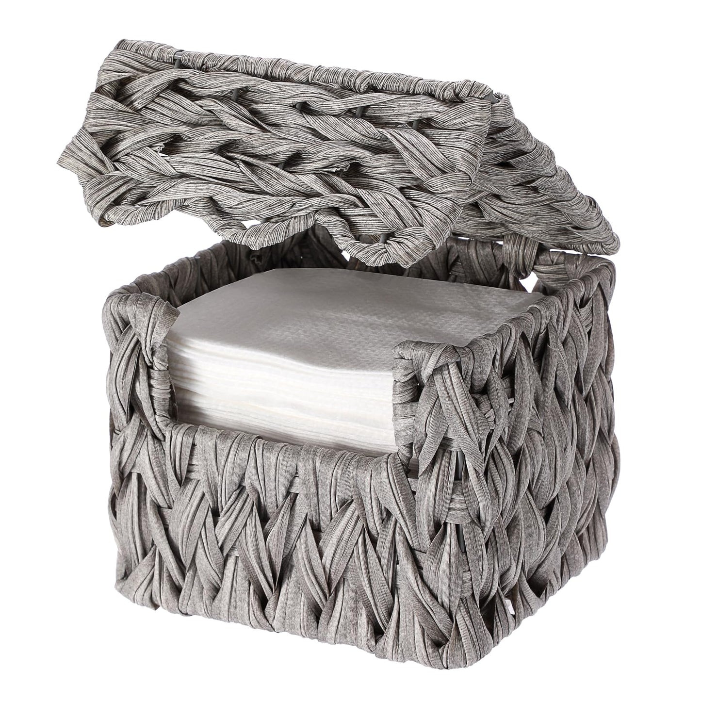Sumnacon Rattan Disposable Face Towel Holder with Lid, Plastic Face Towels Storage Box Compatible with XL Facial Towels, Decorative Farmhouse Organizer Bin for Bathroom, Vanity, Countertop