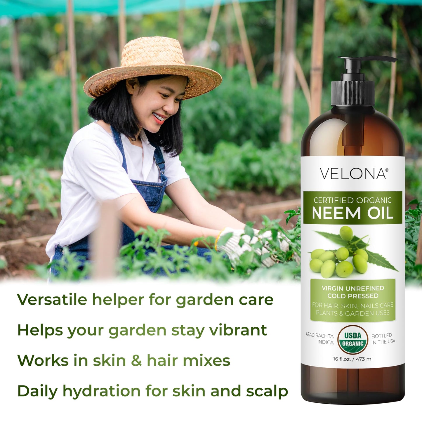 velona USDA Organic Neem Oil - 32 fl oz, Cold Pressed, with Pump