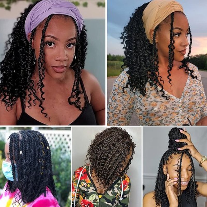 Unionbeauty 8 Packs 14 Inch Boho Box Braids Crochet Hair with Curly Ends Bob Bohemian Hippie Braids Pre-looped Messy Goddess Box Braids Hair Ombre Synthetic Braiding Hair Extension for Black Woman 53#