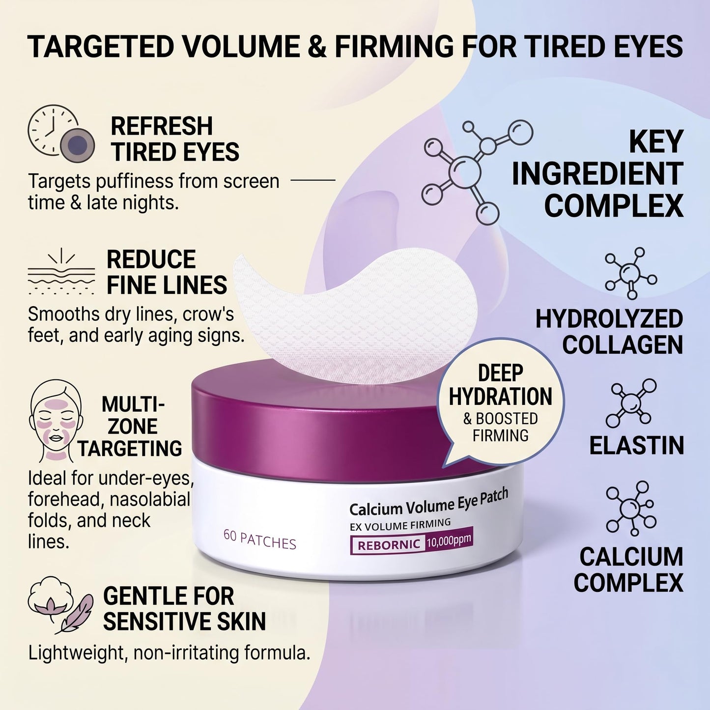 Calcium Volume Eye Patch with Rebornic 10,000ppm & Hydrolyzed Elastin – 60 Patches for Puffiness Relief, Fine Lines, Firming & Lifting, Hydrating Eye Patches for Face and Neck Care