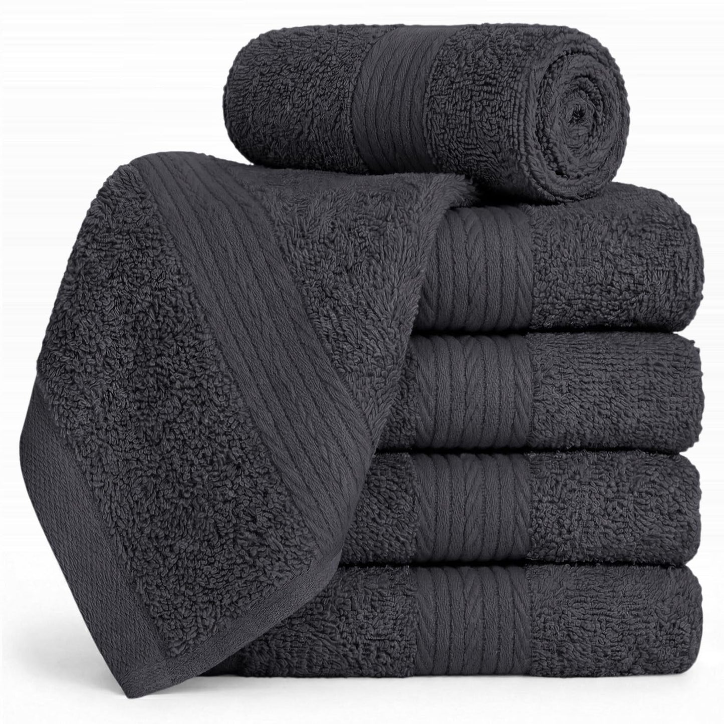 Ample Decor 100% Cotton Washcloths 12x12 Inches, 600 GSM, Soft & Absorbent, Durable, Set of 5, Gray