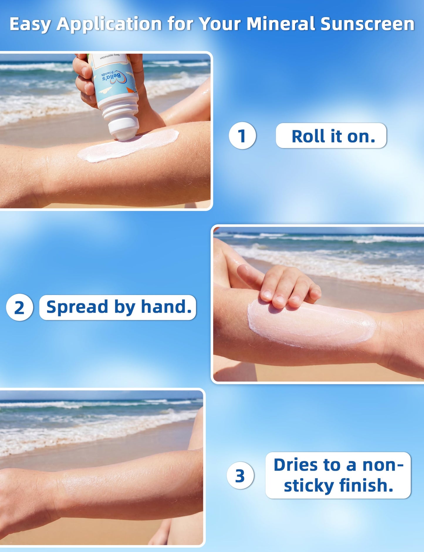Kids Roll-On Mineral Sunscreen SPF 50 for Face & Body, Natural Sunscreen Lotion Applicator, Travel Size, Reef Safe, Summer Beach Vacation Travel Essentials, 1 Pack