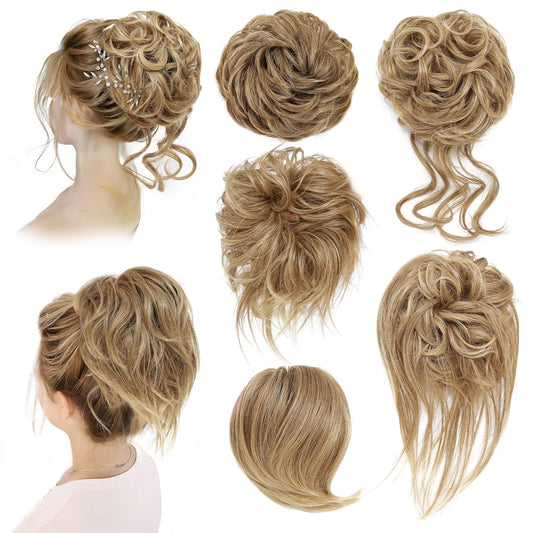 HSLHDI Messy Hair Bun Hair Piece for Women Short Bun Tousled Synthetic Elastic Scrunchies Hairpiece for Women Girls……… (12/24#-Light Brown mix Natural Blonde, 1-5pcs)