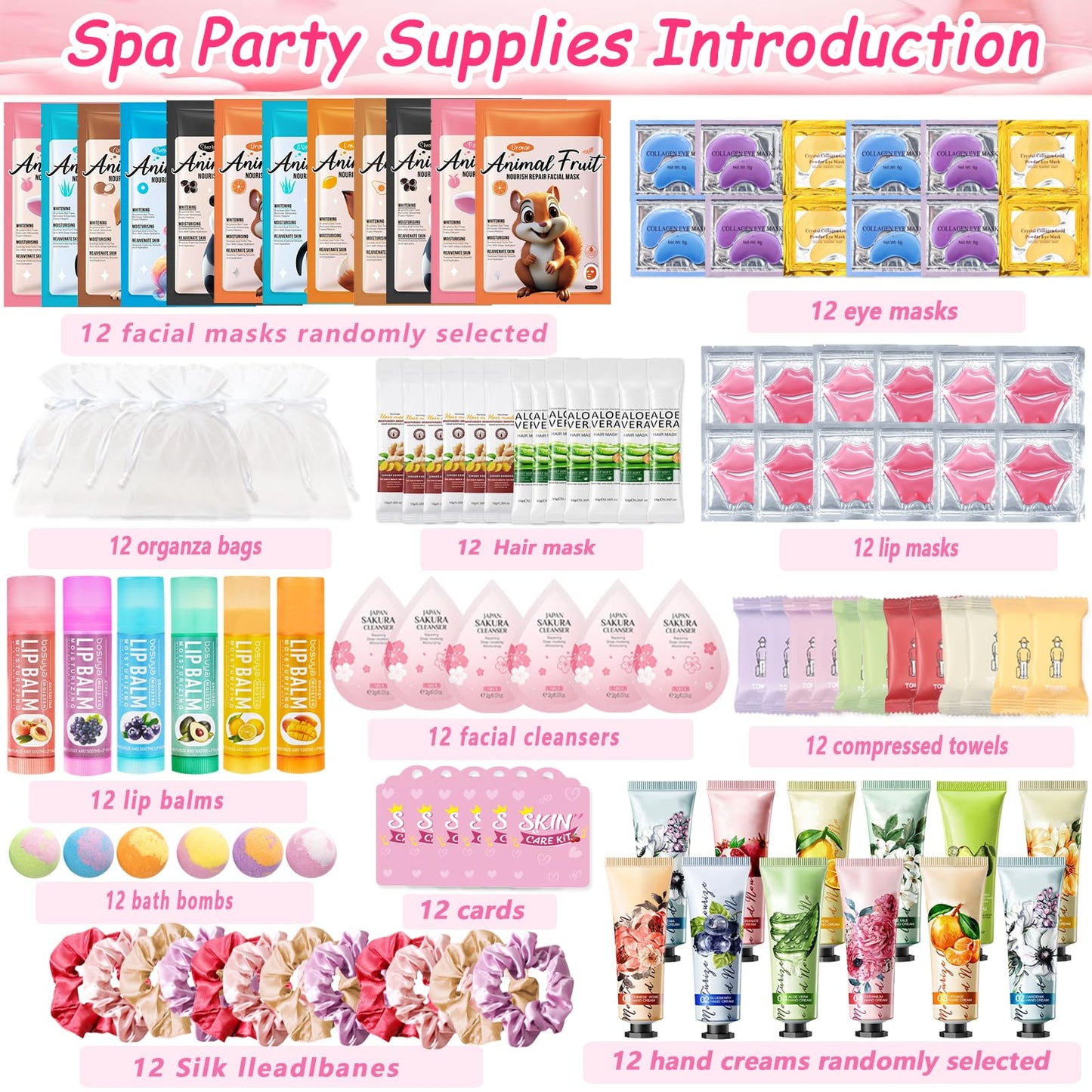 144 PCS Spa Party Supplies for Women, Include Face Masks, Hair Masks, Facial Cleanser, Hand Cream, Lip Balm, Under Eye Patches, Lip Mask, Compressed Towels, Foot Bath Bombs, Sleepover Spa Party Favors