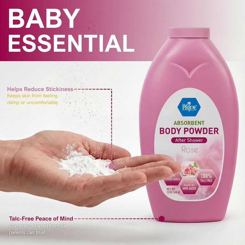 Talc-Free Cornstarch Body Powder - Moisture Absorbing Rose Scent | 13 Oz Bottle for Daily Freshness