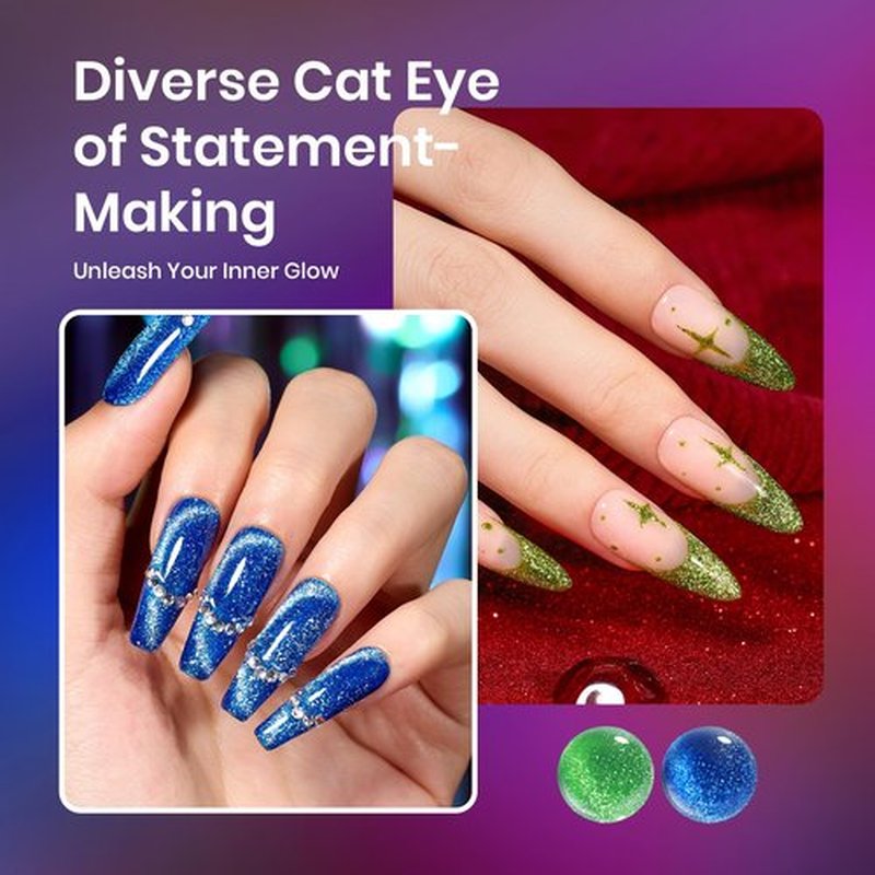Beetles Cat Eye Gel Nail Polish, 6 Colors Glitter Red Green Blue Purple Gold Cat Eye Shimmer Gel Polish, Soak Off Sparkle Stunning Velvet Nail with Magnet Nail Art Salon Home Gift for Women Girls