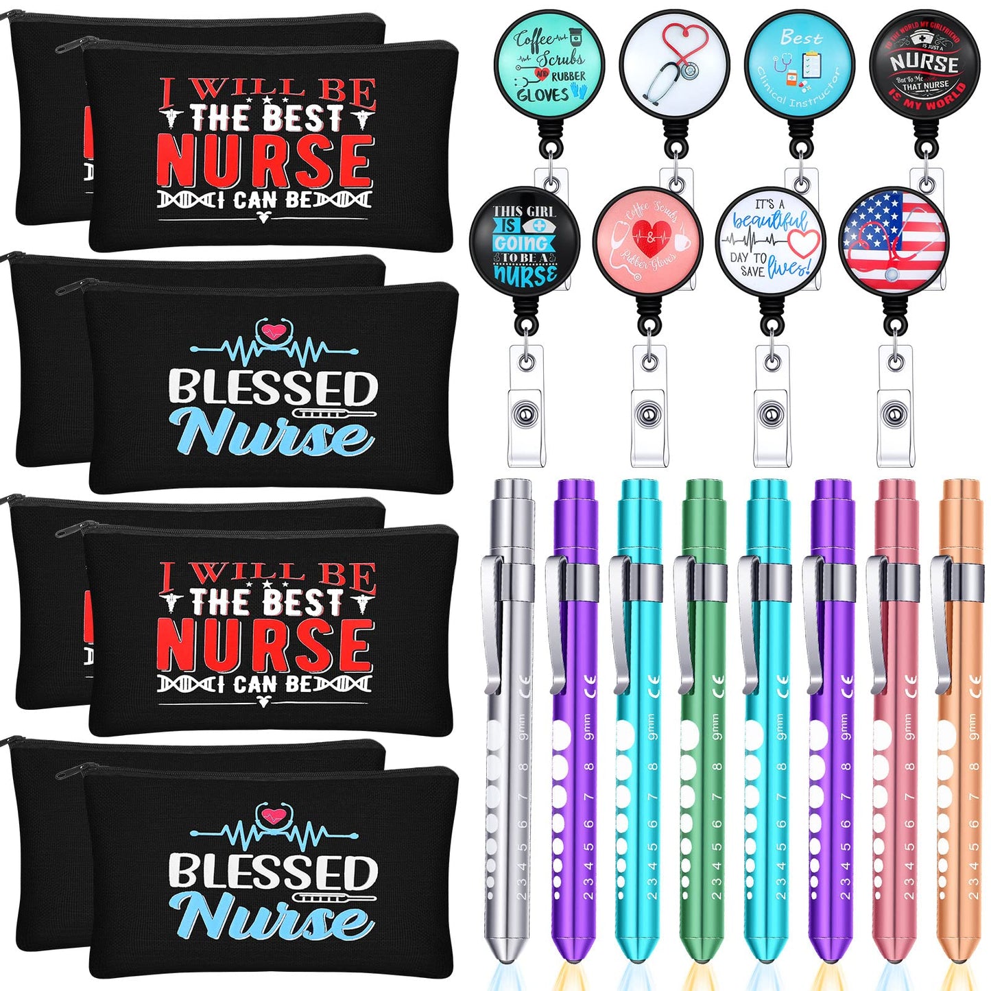 24 Pcs Nurse Ｗeek Gifts Set Nurse Accessories for Work Set Nurse Penlight Nurse Makeup Bags Cosmetic Bag Nurse Badge Reel Gifts for Nurse Nursing Student Christmas Gifts (Fresh Pattern)