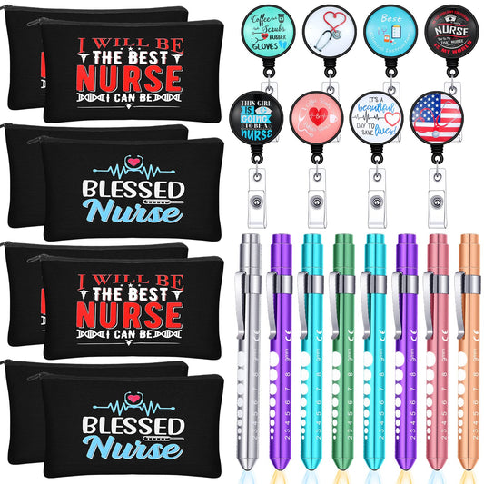 24 Pcs Nurse Ｗeek Gifts Set Nurse Accessories for Work Set Nurse Penlight Nurse Makeup Bags Cosmetic Bag Nurse Badge Reel Gifts for Nurse Nursing Student Christmas Gifts (Fresh Pattern)