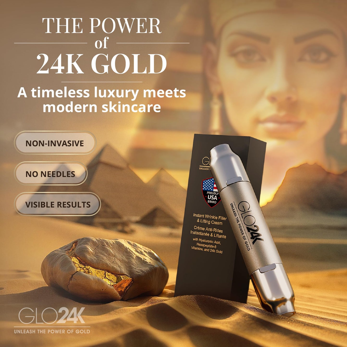GLO24K Instant Wrinkle Filler for Face, XL Lifting Cream for Eye and Face, Lift and Tightening Non-Invasive with Hyaluronic Acid, 24k Gold, Peptides and Vitamins for Youthful Appearance, 1.2 fl oz