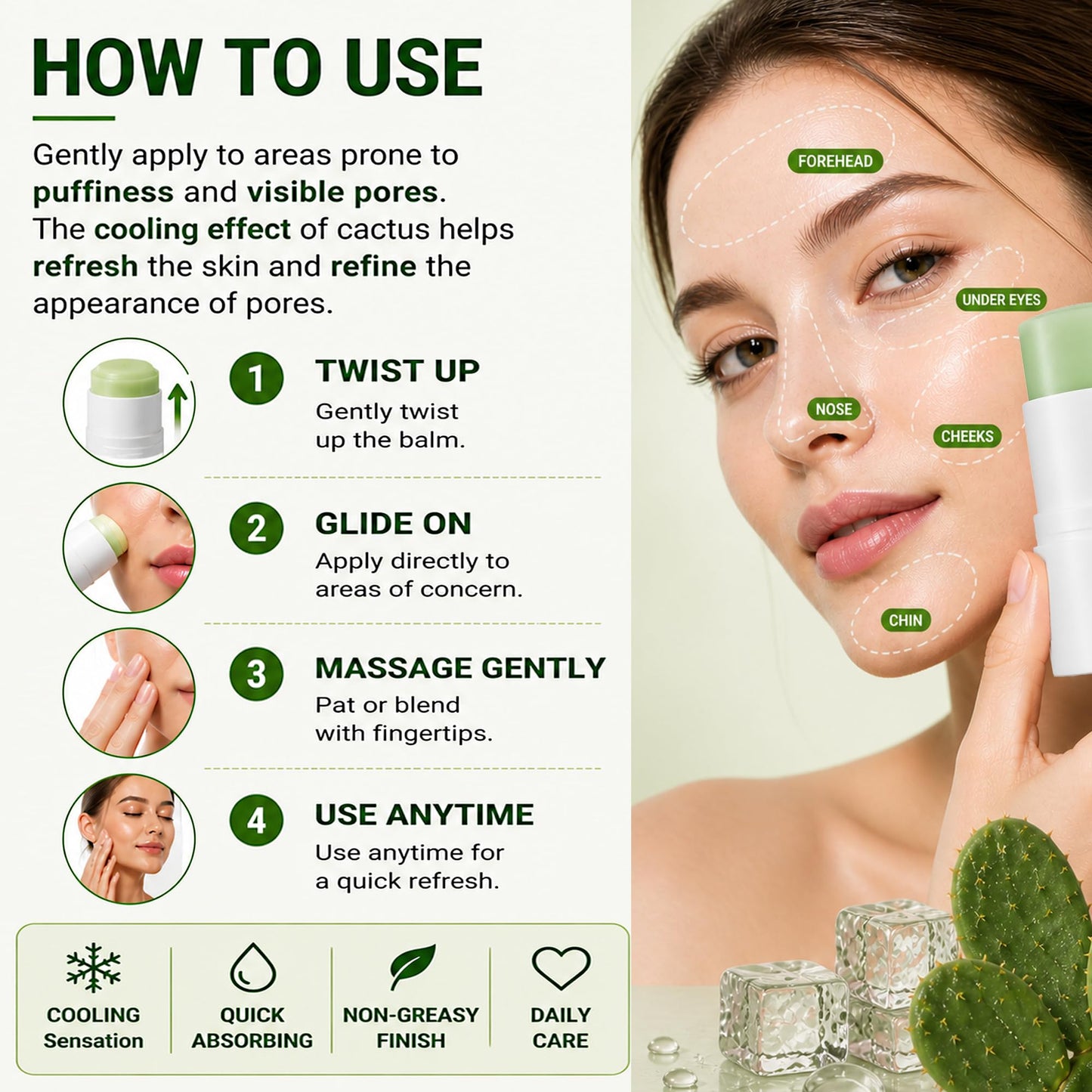 Cactus Pore Relief Multi Balm Stick Instant Cooling & De-Puffing, Helps Reduce the Look of Puffy Skin & Enlarged Pores, Pore Minimizing with Cactus Extract, Face & Eye Skincare Balm Stick - 2 Pack