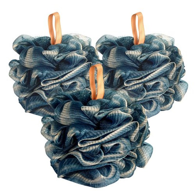 Fishent Bath Sponge Shower Loofahs, 3 Pack Soft Net Body Sponge, 60g/pcs Durable Mesh Mens Loofah Exfoliating Body Scrubber (Blue)