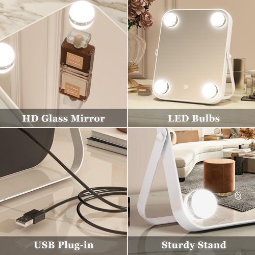 ROLOVE Vanity Mirror with Lights, Hollywood Makeup Mirror with Light, Lighted Tabletop Makeup Mirror with 4 Dimmable LED Bulbs, Portable Travel Makeup Mirror with U-Shaped Bracket, Smart Touch Control