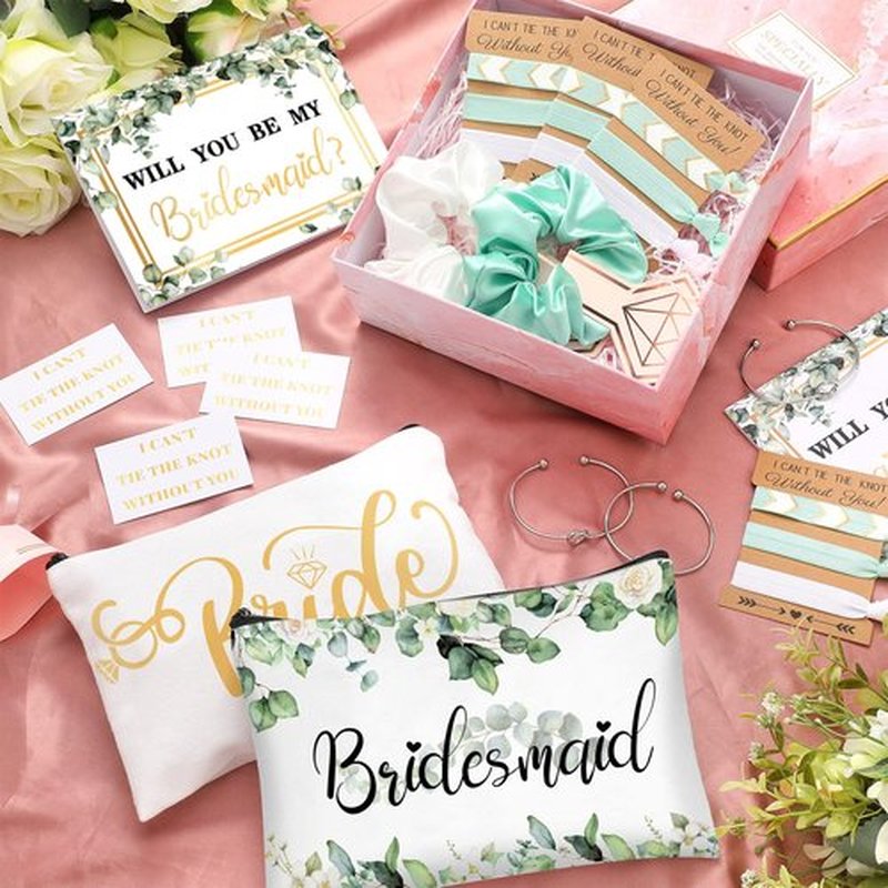 63 Pcs Bridesmaid Proposal Gifts Bulk Maid of Honor Gifts Matron of Honor Gifts Brides Bridesmaid Cosmetic Makeup Bag Hair Knotted Bracelets Invitation Cards for Wedding Bachelorette (Eucalyptus)