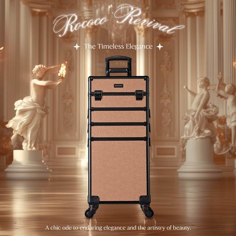 BYOOTIQUE Rolling Makeup Train Case 4in1 Cosmetic Trolley Organizer Travel Case Lockable Salon Barber Case with Wheels for Makeup Artist Trave Nail,Rococo Coral