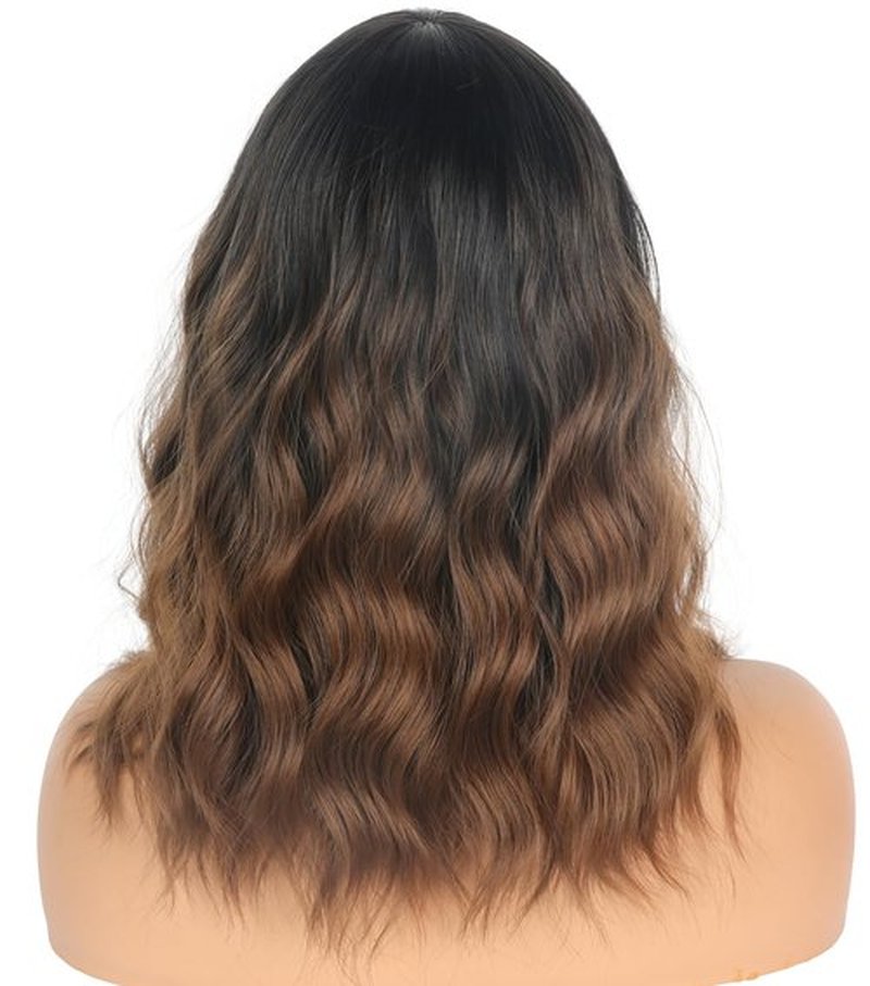 SYMEIW Short Wavy Wig with Bangs for Women Shoulder Length Brown Synthetic Wigs Natural Wavy Black To Brown Wigs Heat Resistant for Daily Party Use