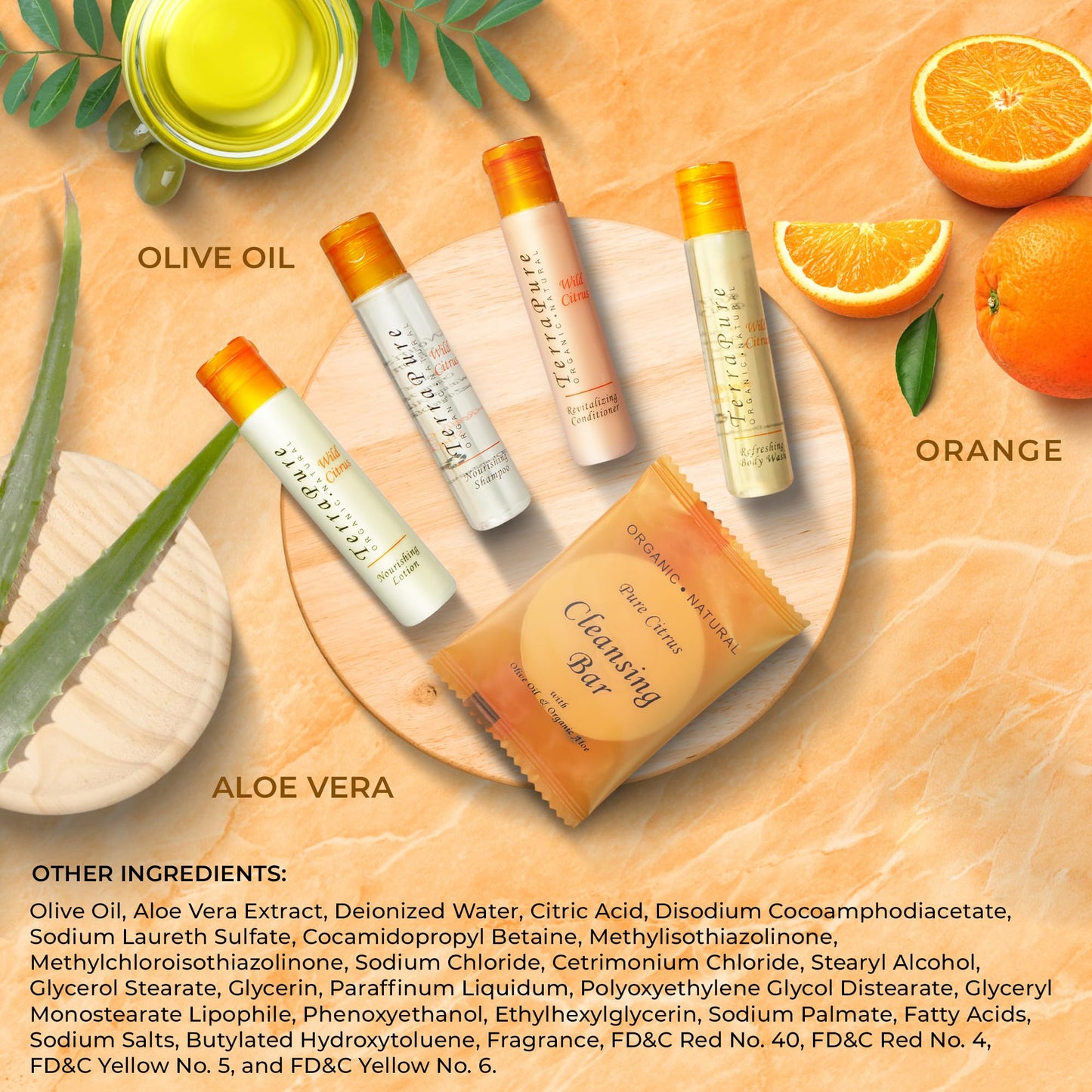 Terra Pure Wild Citrus Hotel Amenities Set | 1-Shoppe Amenities Kit | 1oz Shampoo, Conditioner, Body Wash, Lotion, Bar Soap | Travel Size | 300 Pieces