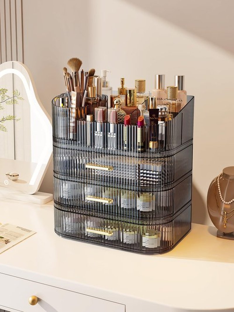 MIUOPUR Makeup Organizer with Rotating Makeup Brush Holder, Stackable Drawers for Bathroom Organizers and Storage, Make up Organizers for Vanity, Great for Cosmetics, skincare, Lipsticks -Black